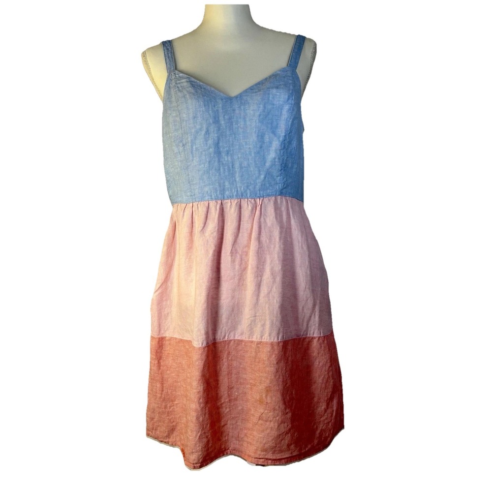 🍎 Cynthia Rowley Blue Pink Coral Colorblock Linen Dress